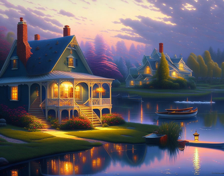 Tranquil Lakeside Houses at Twilight with Lit Windows