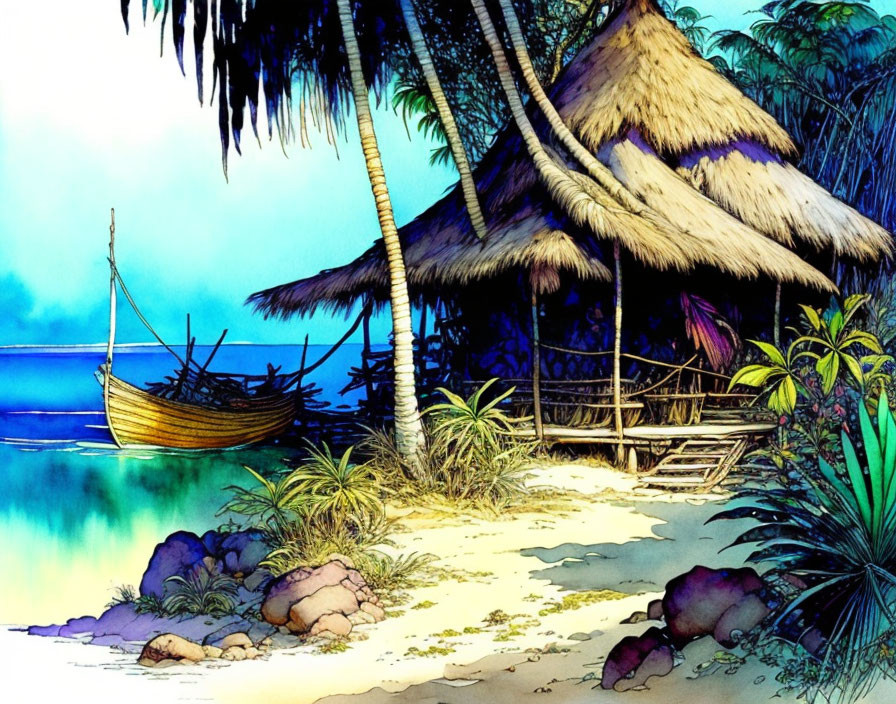 Thatched hut, wooden boat, palm trees: serene beach twilight scene