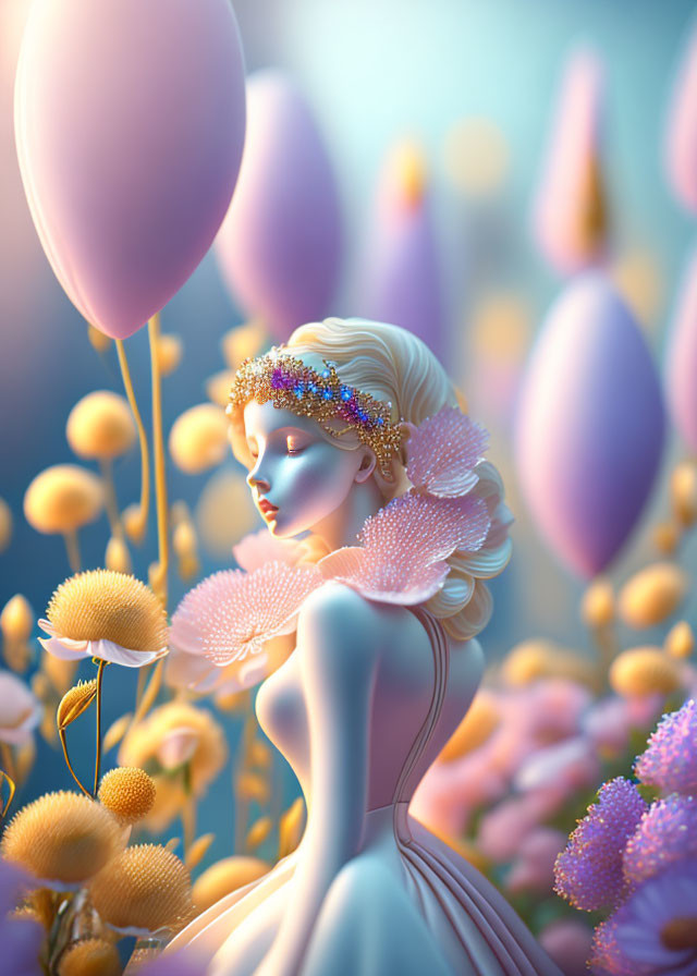 Illustration of woman with floral headpiece in dreamy setting