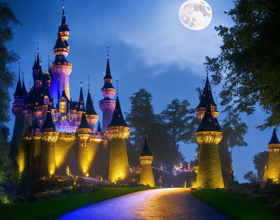 Enchanted fairytale castle at night with moonlit pathway