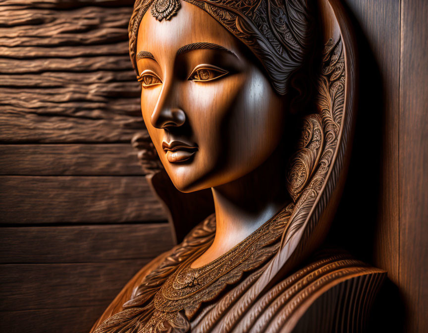 Detailed Wooden Statue of Woman's Face and Upper Body