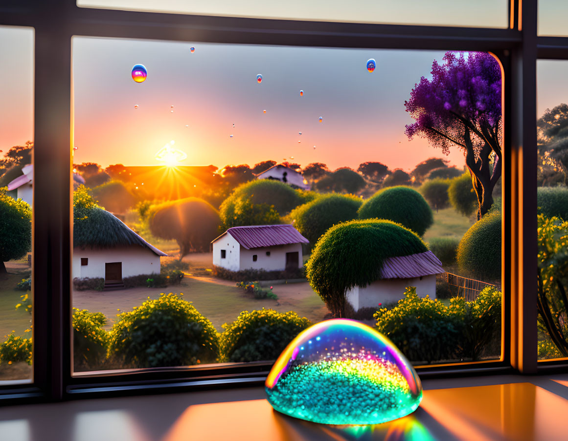 Colorful sunset view with soap bubbles, green trees, and white buildings.