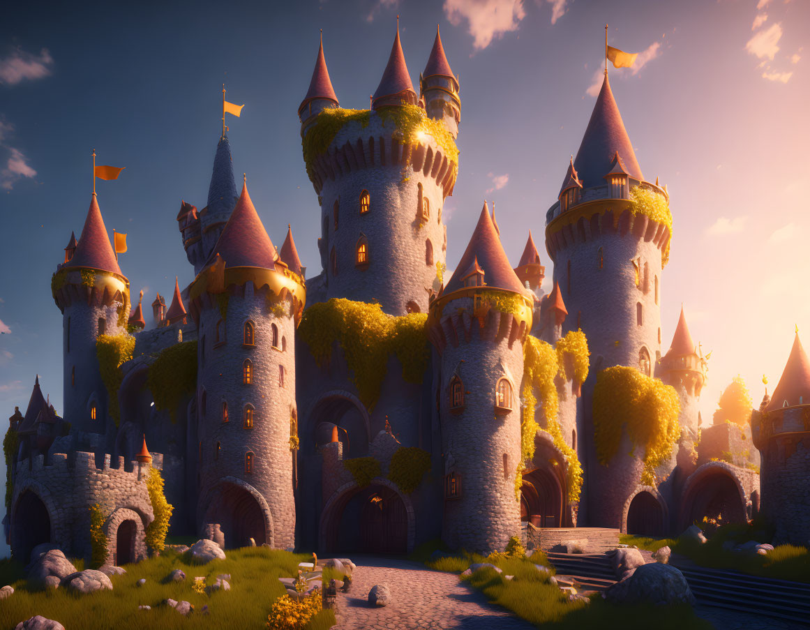 Majestic castle with spires and towers under warm sunset light