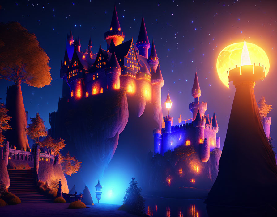 Mystical castle on cliff with illuminated towers and glowing orb structure at night