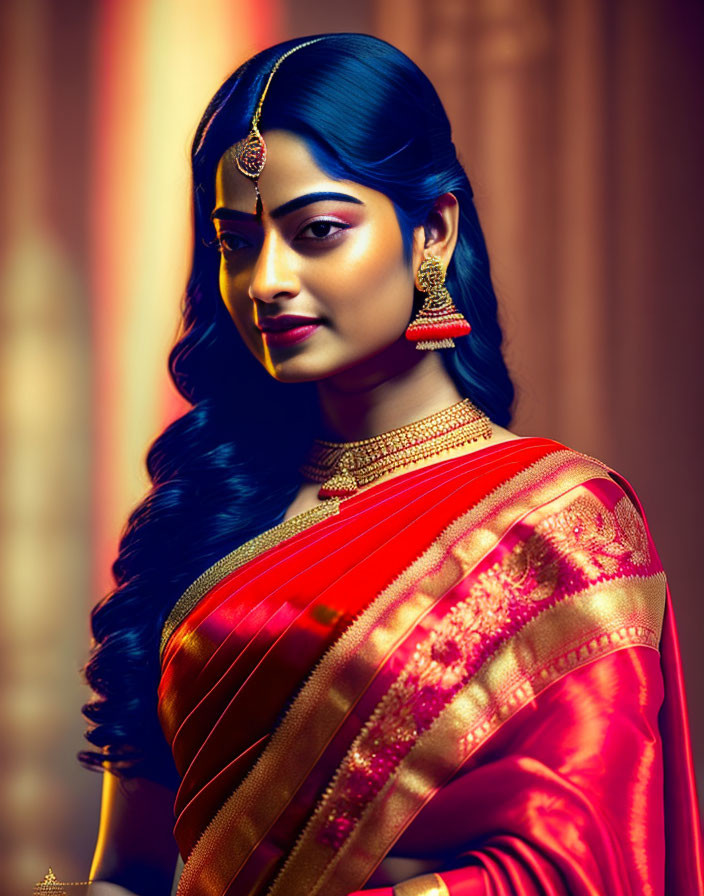 Traditional Indian Attire: Woman in Red Sari and Gold Jewelry