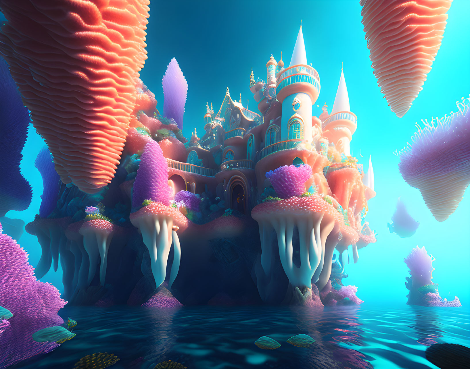 Underwater fantasy castle surrounded by coral formations