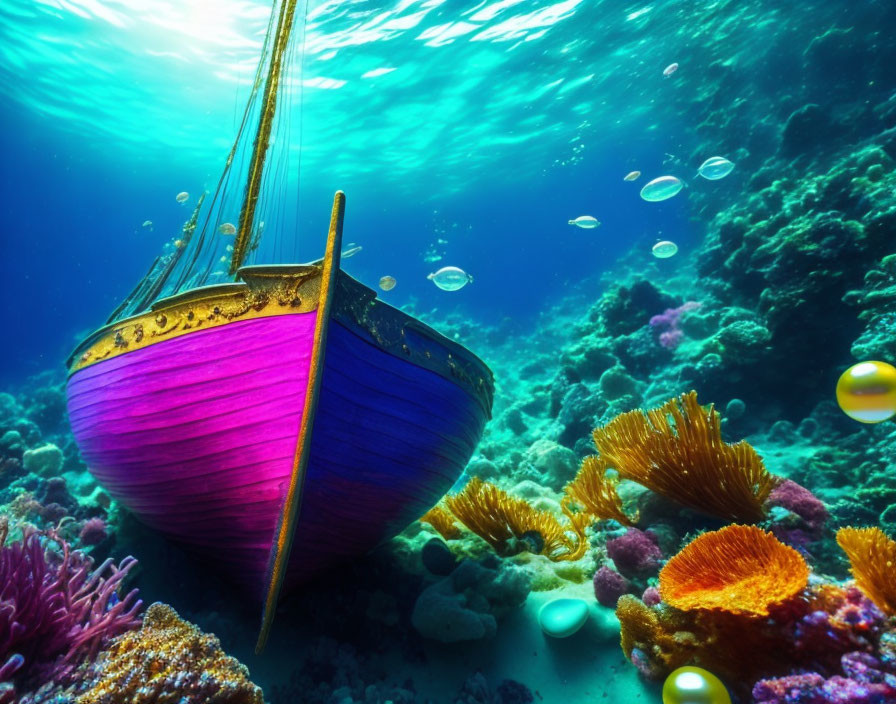 Vibrant coral reef with colorful boat and marine life