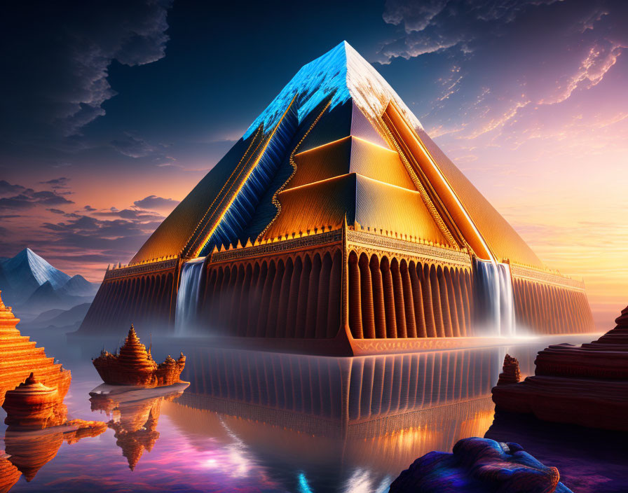 Surreal pyramid with waterfalls at sunset reflected in tranquil water