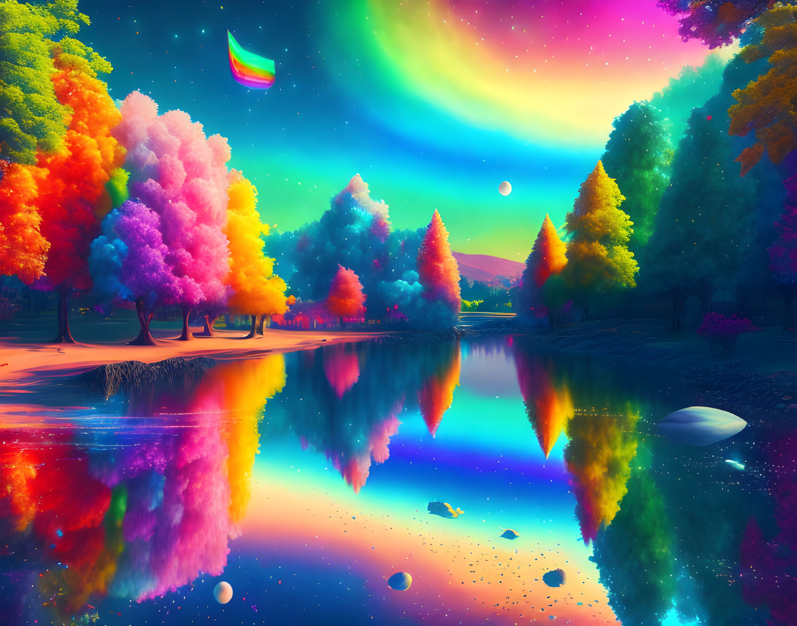 Colorful Trees Reflecting on Tranquil Lake Under Neon Aurora Sky