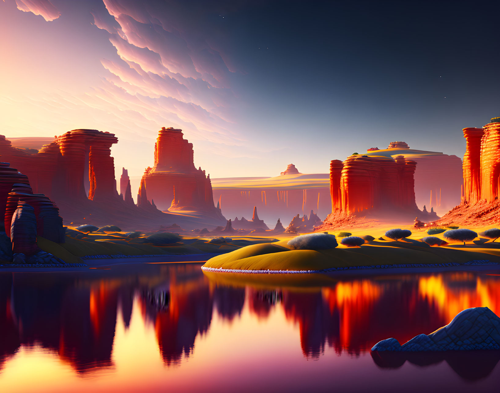 Surreal red rock formations with reflective water and vibrant yellow flora under a dramatic twilight sky