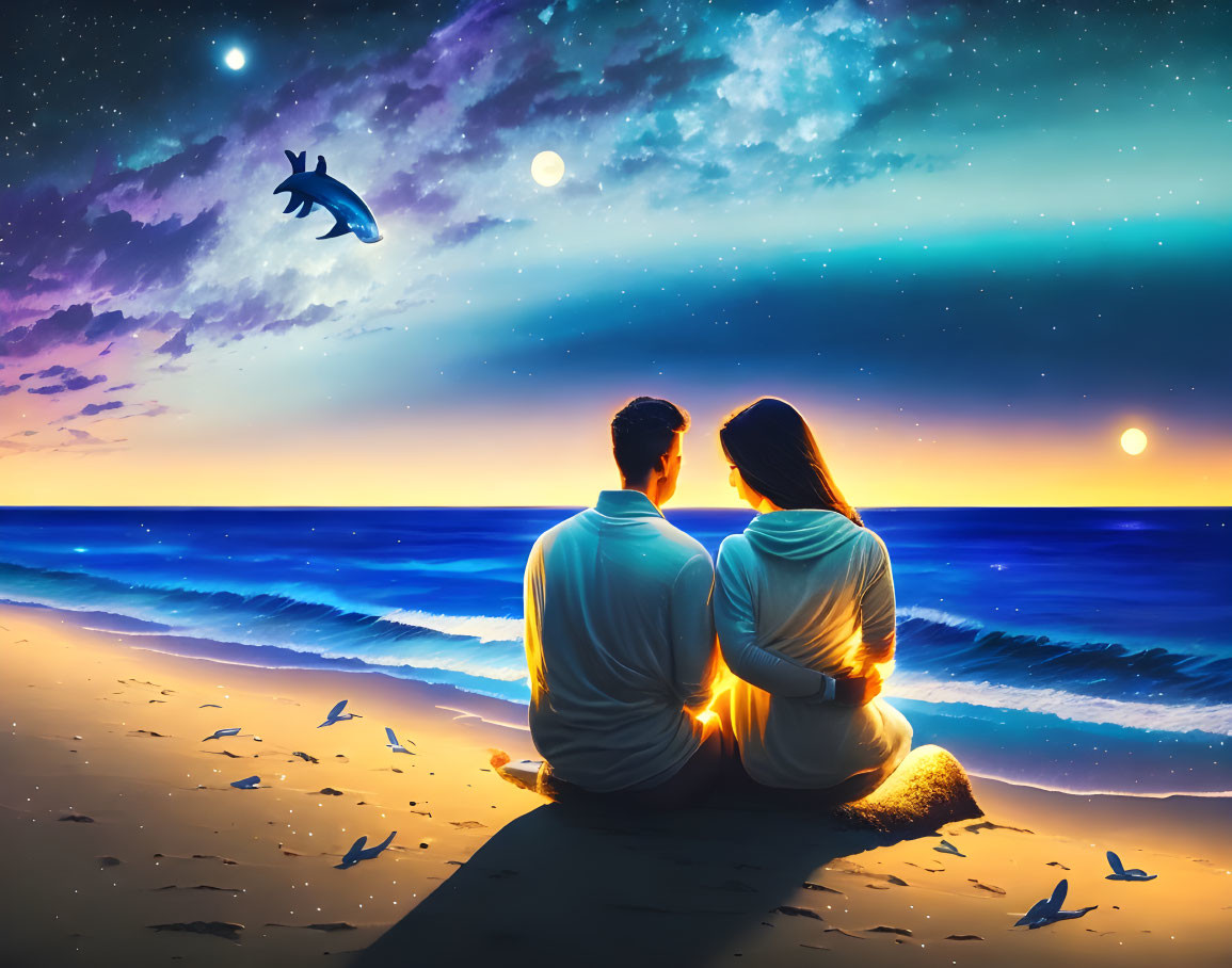 Couple on Beach at Twilight Watching Shooting Star, Dolphin, and Seagulls