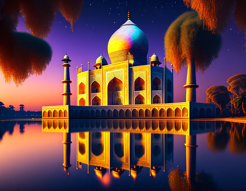 Twilight view of illuminated Taj Mahal and floating gardens reflected in water