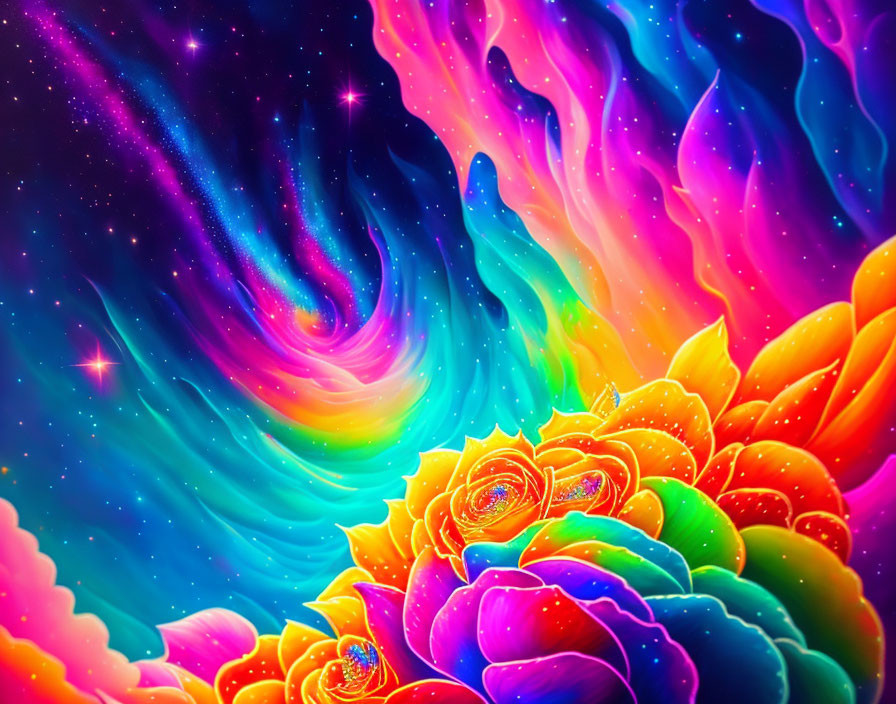 Colorful space-themed illustration with neon swirls and roses on starry background