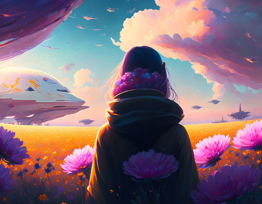 Person in vibrant purple flower field under whimsical sky with flying ships