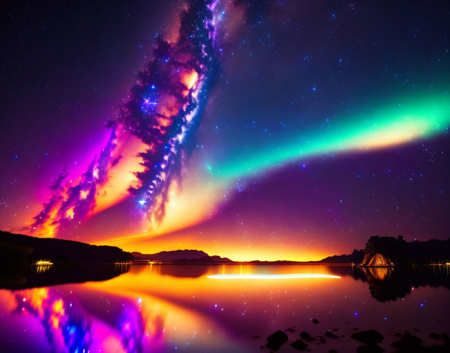 Starry sky with aurora borealis over serene lake