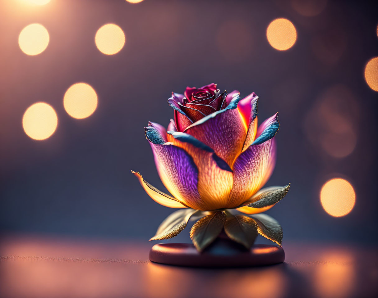 Multicolored rose in full bloom against soft bokeh lights