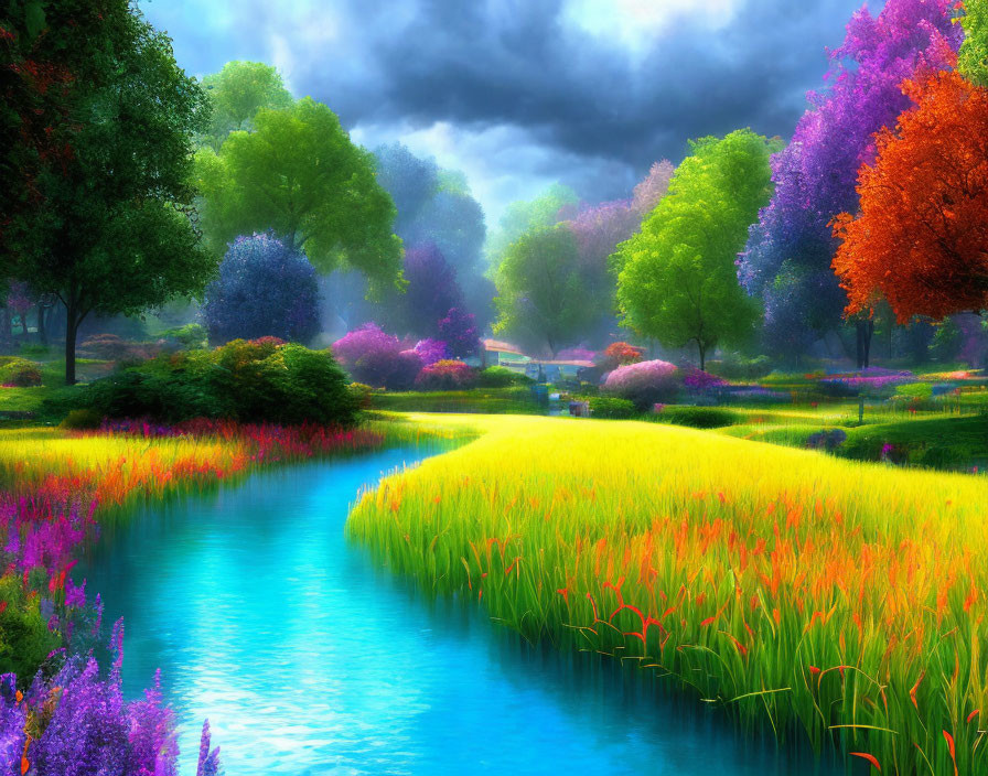 Colorful landscape with river, flowering trees, and cloudy sky.