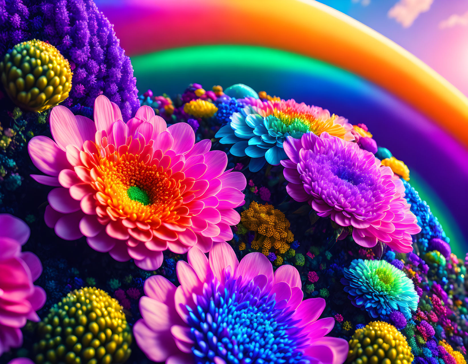 Colorful Flowers and Rainbow Over Dreamlike Landscape