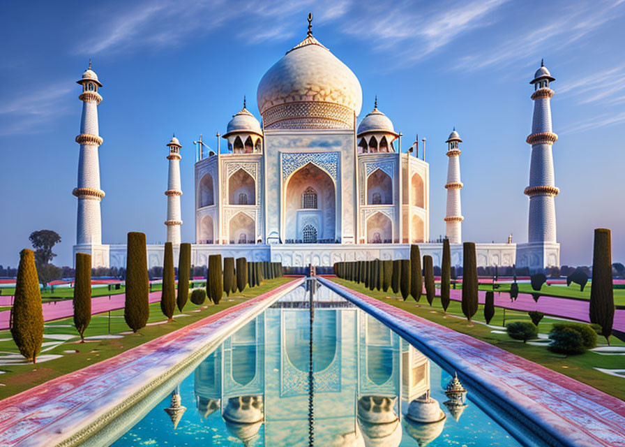 White marble Taj Mahal reflecting in pond against blue sky