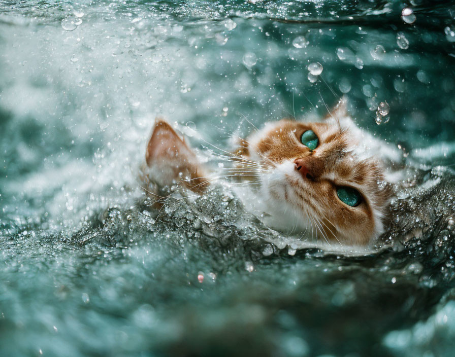 Ginger Cat with Green Eyes in Rippling Water and Bubbles