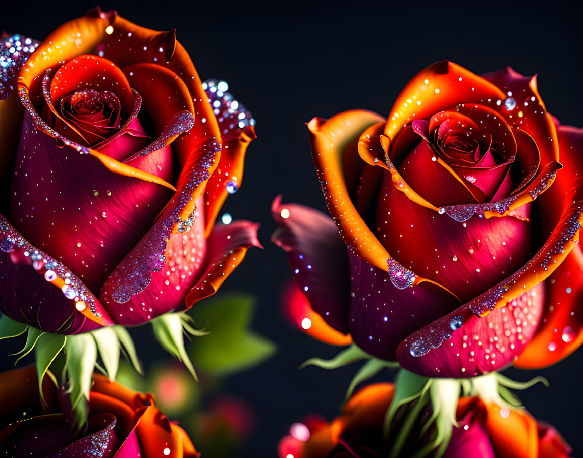 Vibrant red roses with dewdrops on dark background