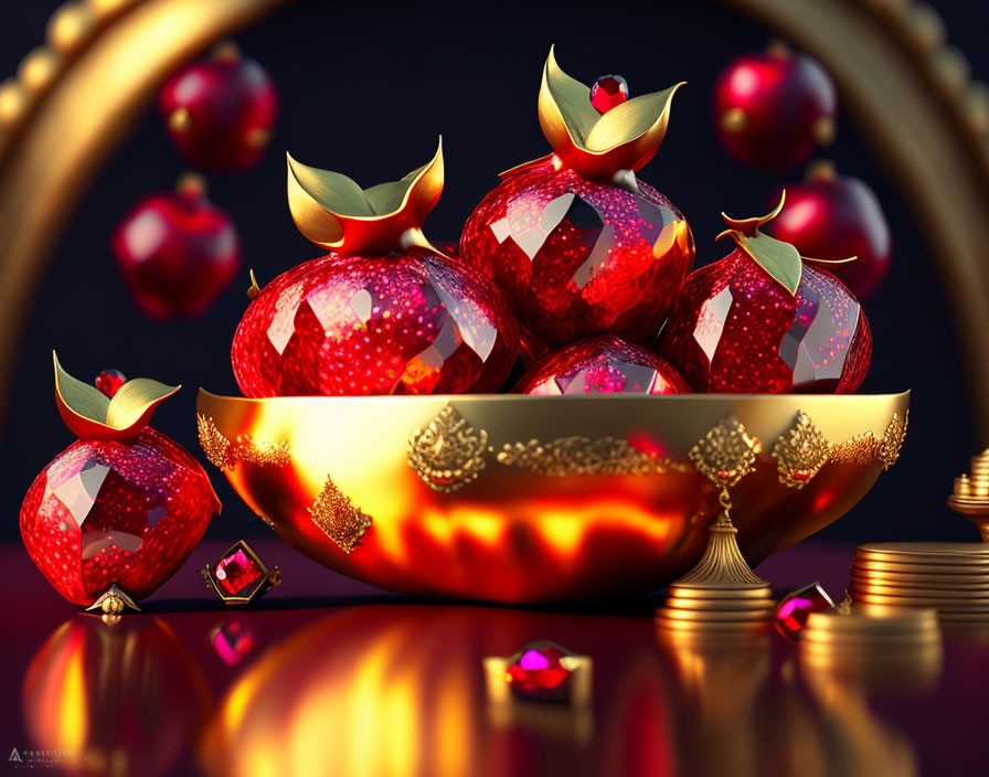 Ornate golden bowls with ruby-red pomegranates, gems, and coins