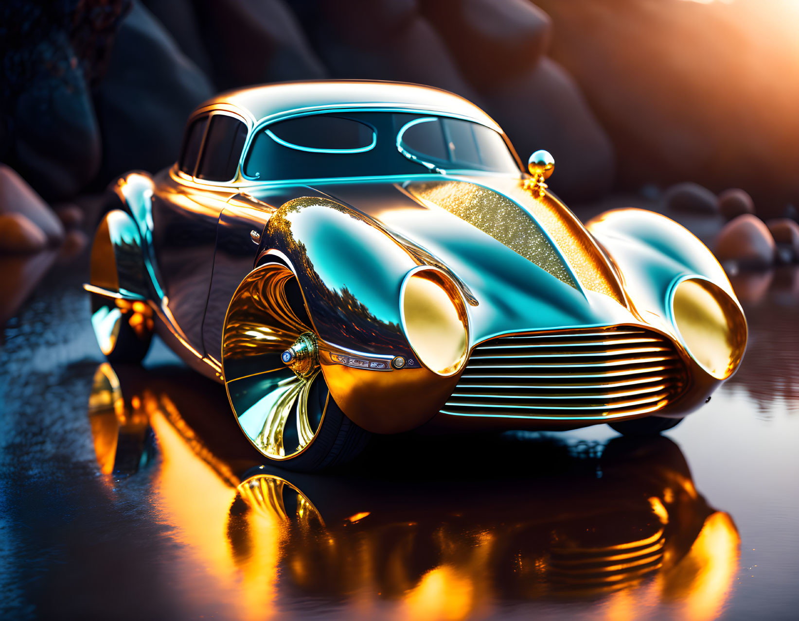 Shiny golden futuristic car on water surface with dark pebbles