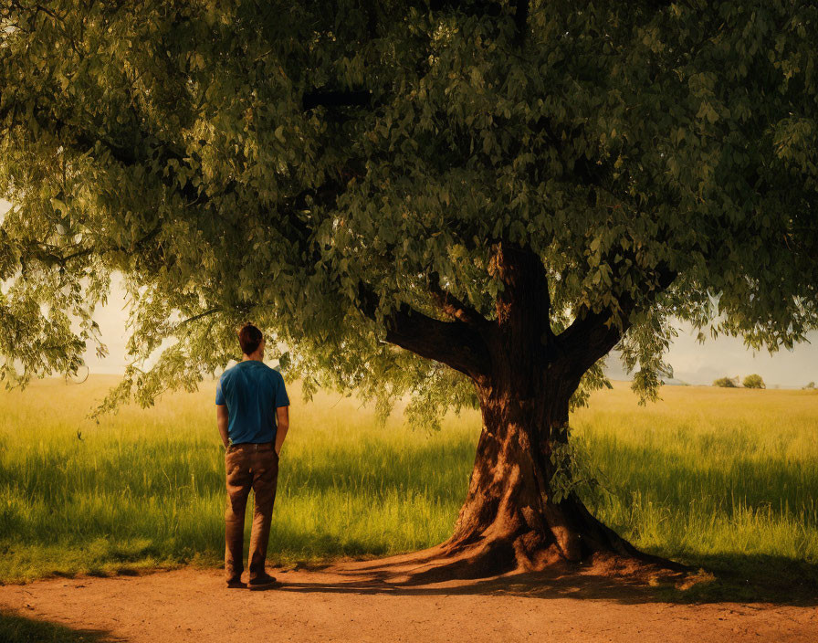 Person in blue shirt beside large tree in green field with warm sunlight glow