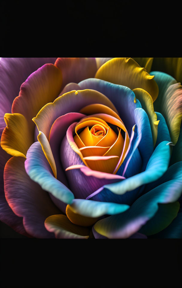 Multicolored Rose in Blue, Purple, Yellow, and Orange on Dark Background