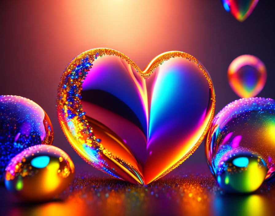 Colorful Glitter Heart-Shaped Book Surrounded by Shiny Spheres