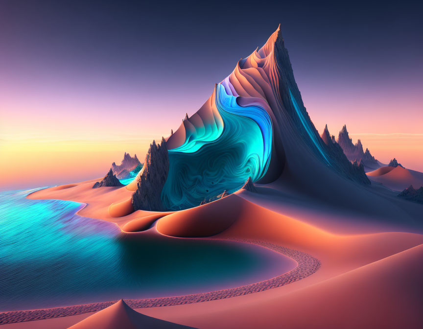 Surreal landscape with wave-like rock formation and pink sand dunes by tranquil sea