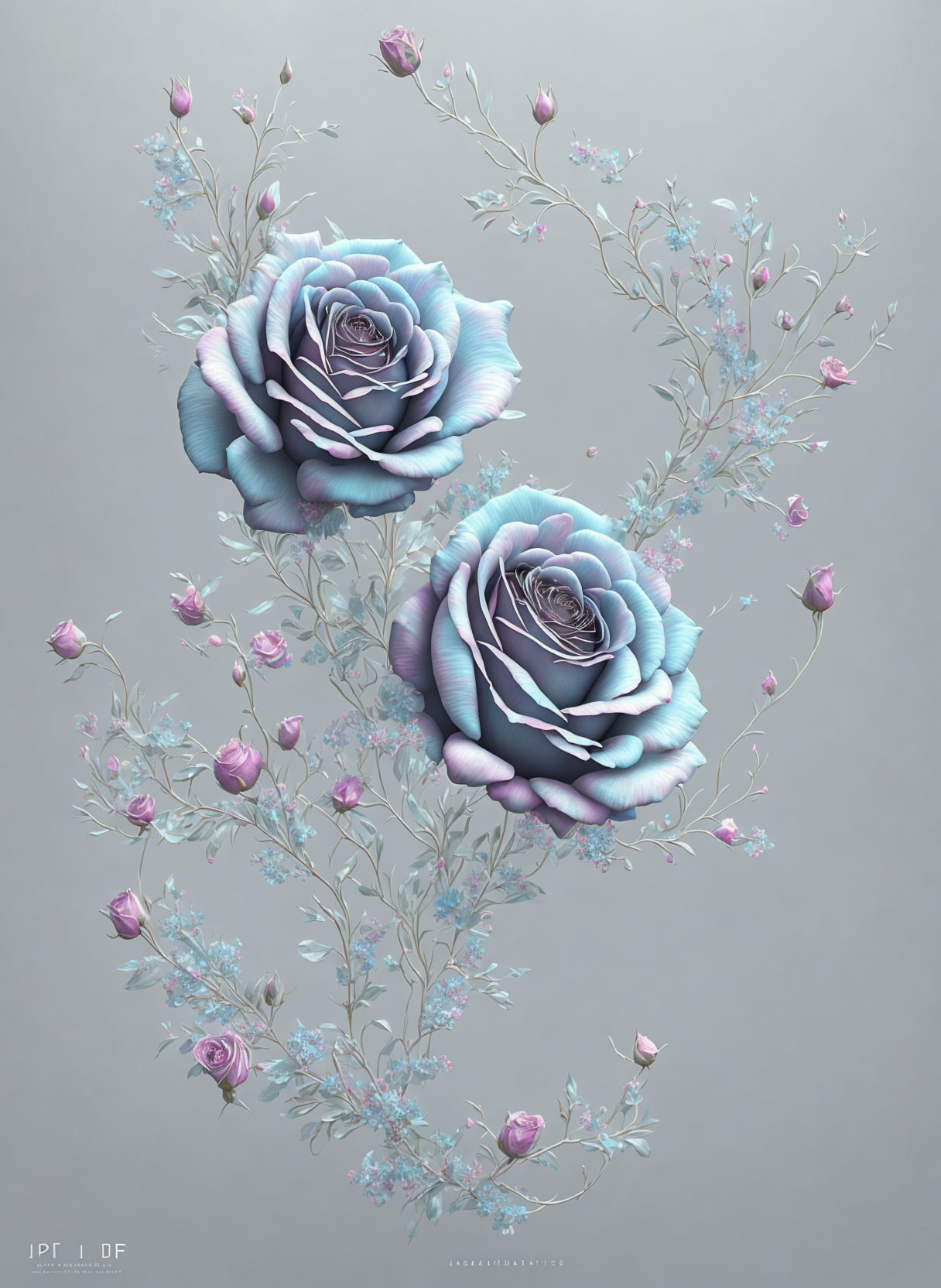 Teal and Purple Roses with Foliage on Pale Background