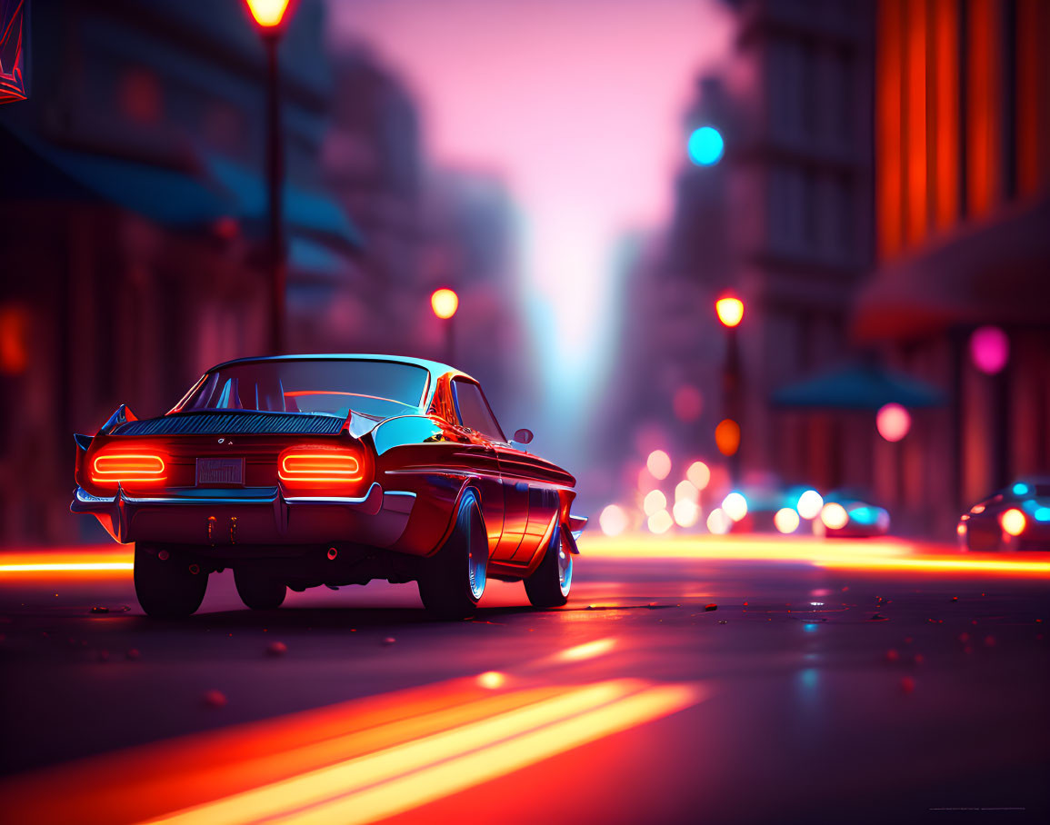 Vintage car parked in urban setting at dusk with neon reflections and city lights bokeh.