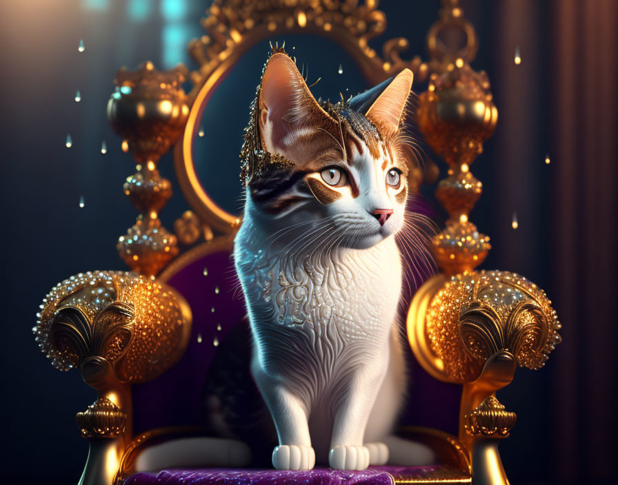 Regal cat with crown on royal throne in opulent setting