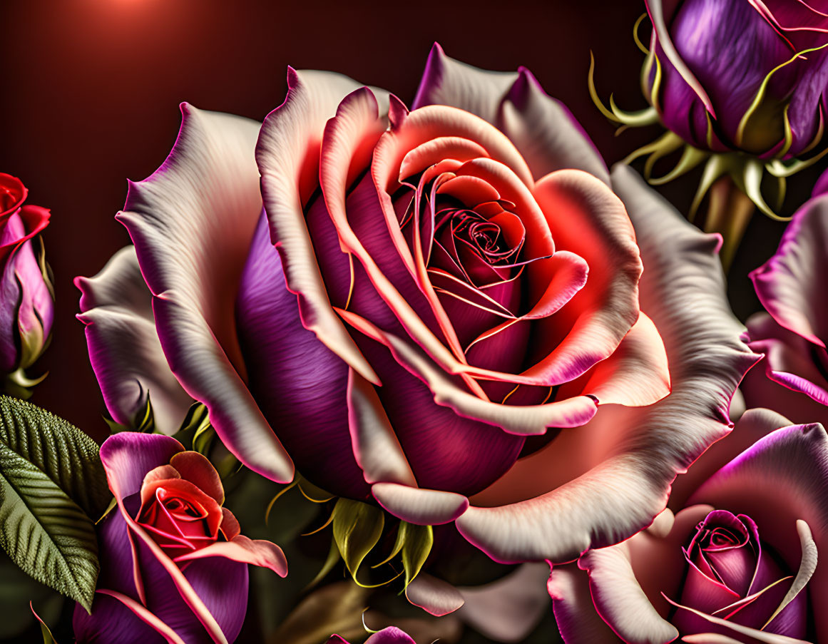 Colorful digital artwork featuring large pink and white rose with swirl pattern, surrounded by smaller purple roses on