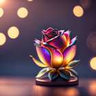 Multicolored rose in full bloom against soft bokeh lights