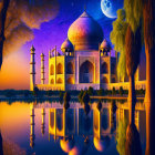 Twilight view of illuminated Taj Mahal and floating gardens reflected in water