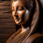 Detailed Wooden Statue of Woman's Face and Upper Body