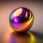 Multicolored reflective sphere with purple, gold, and blue hues on soft-lit surface