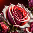 Colorful digital artwork featuring large pink and white rose with swirl pattern, surrounded by smaller purple roses on