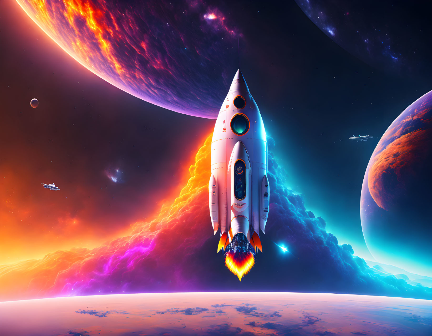 Colorful space scene with rocket, planets, nebulas, and spacecraft