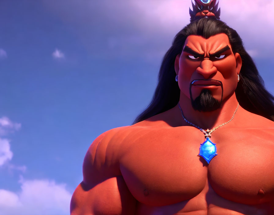 Muscular animated character with dark hair and stern expression under cloudy sky