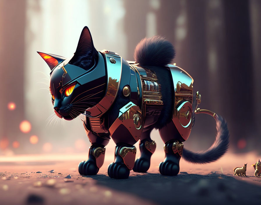 Digital artwork: Mechanical robot cat with glowing eyes in forest with real cat