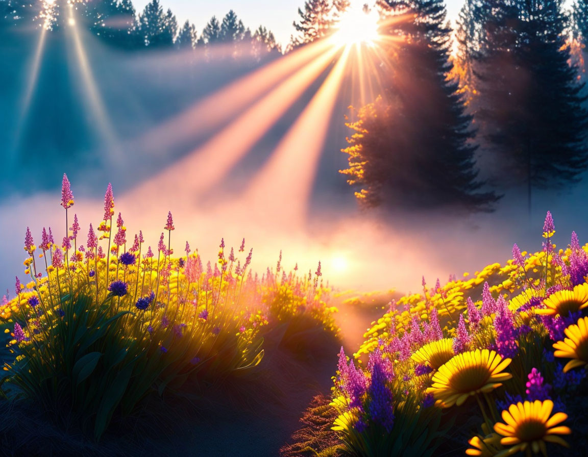 Misty Sunrise Over Purple and Yellow Flower Field