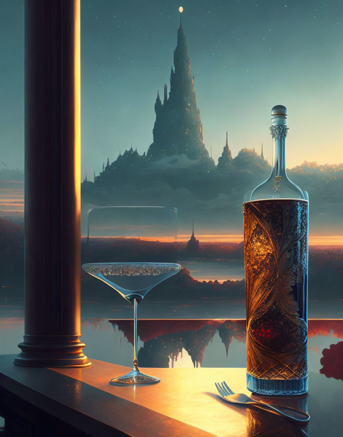 Ornate bottle, cocktail glass, fork on wooden surface with fantastical landscape and towering spire