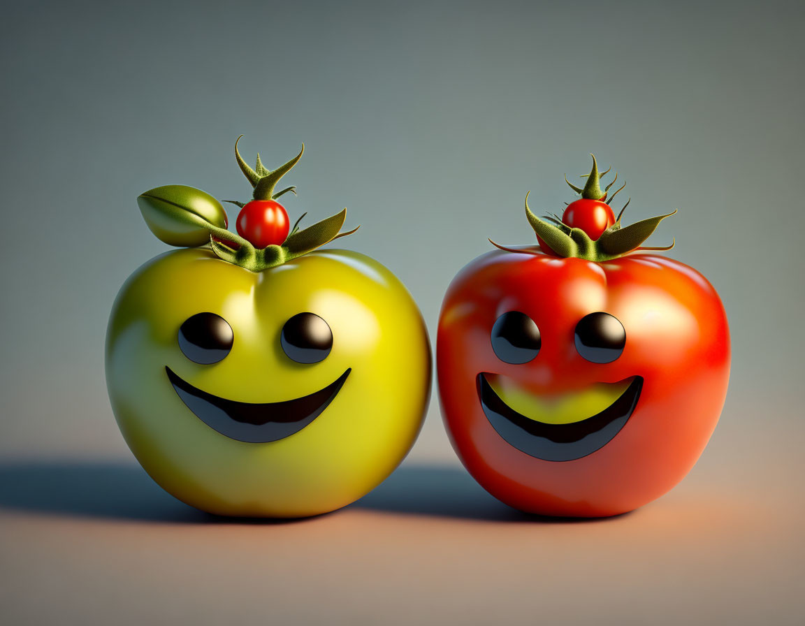 Colorful anthropomorphized tomatoes on grey background