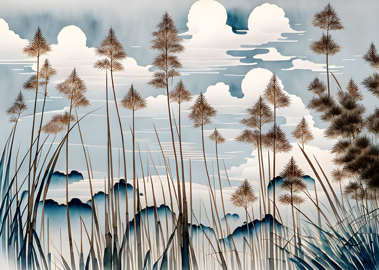 Serene natural landscape with tall pampas grass and stylized sky