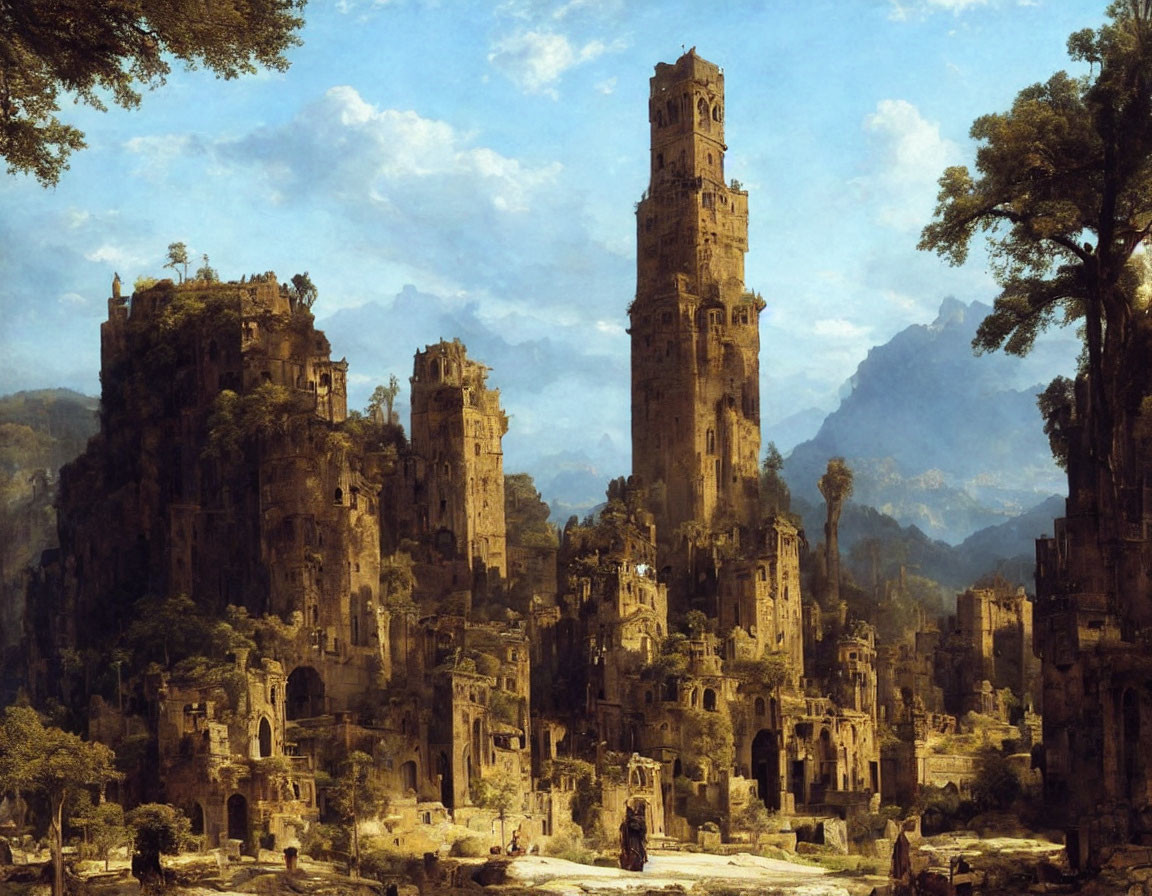 Romantic landscape painting of grand ruins in lush overgrowth