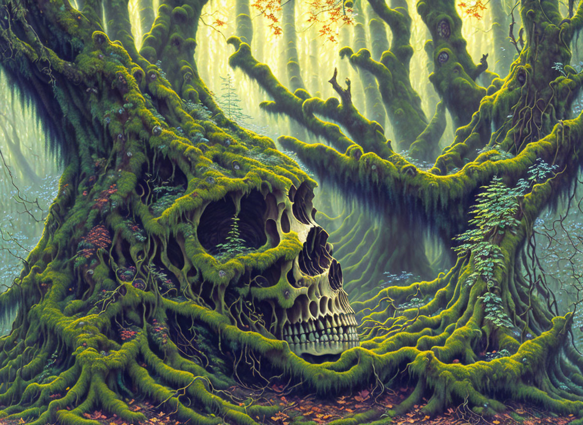 Moss-covered trees in foggy forest with skull-shaped hollow