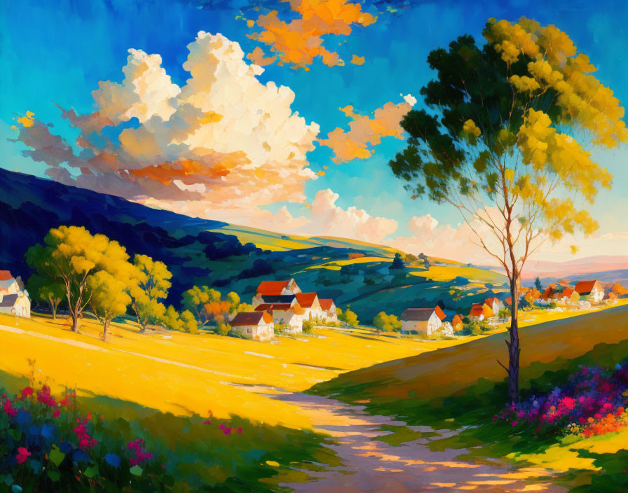 Colorful landscape painting with sky, clouds, tree, village, and hills